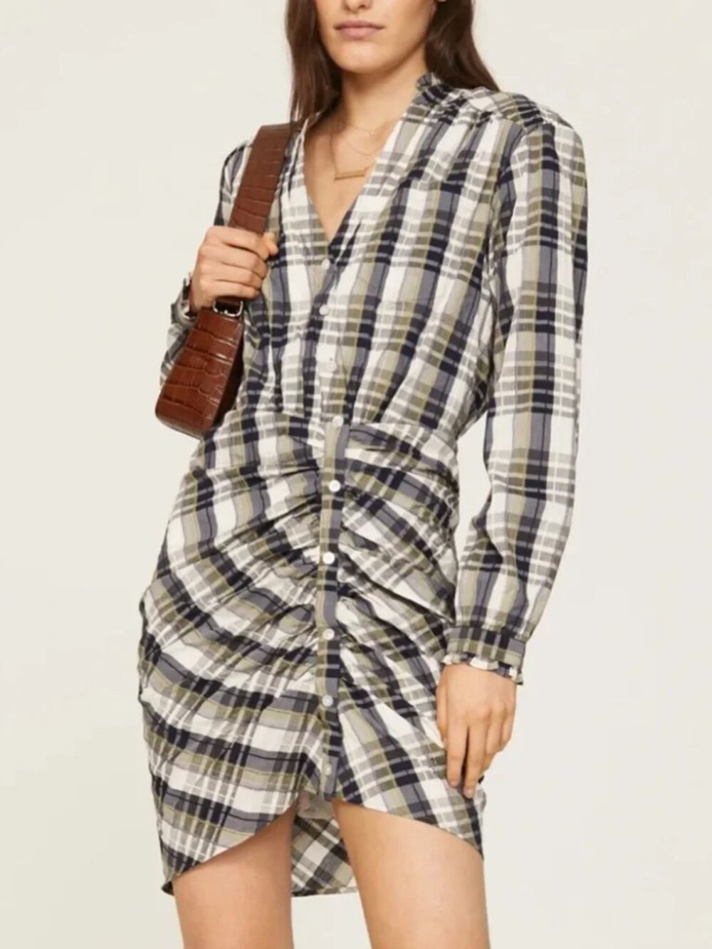 VERONICA BEARD Vilette Mini Shirt Dress Army Plaid Ruched Elevated shirtdress 10